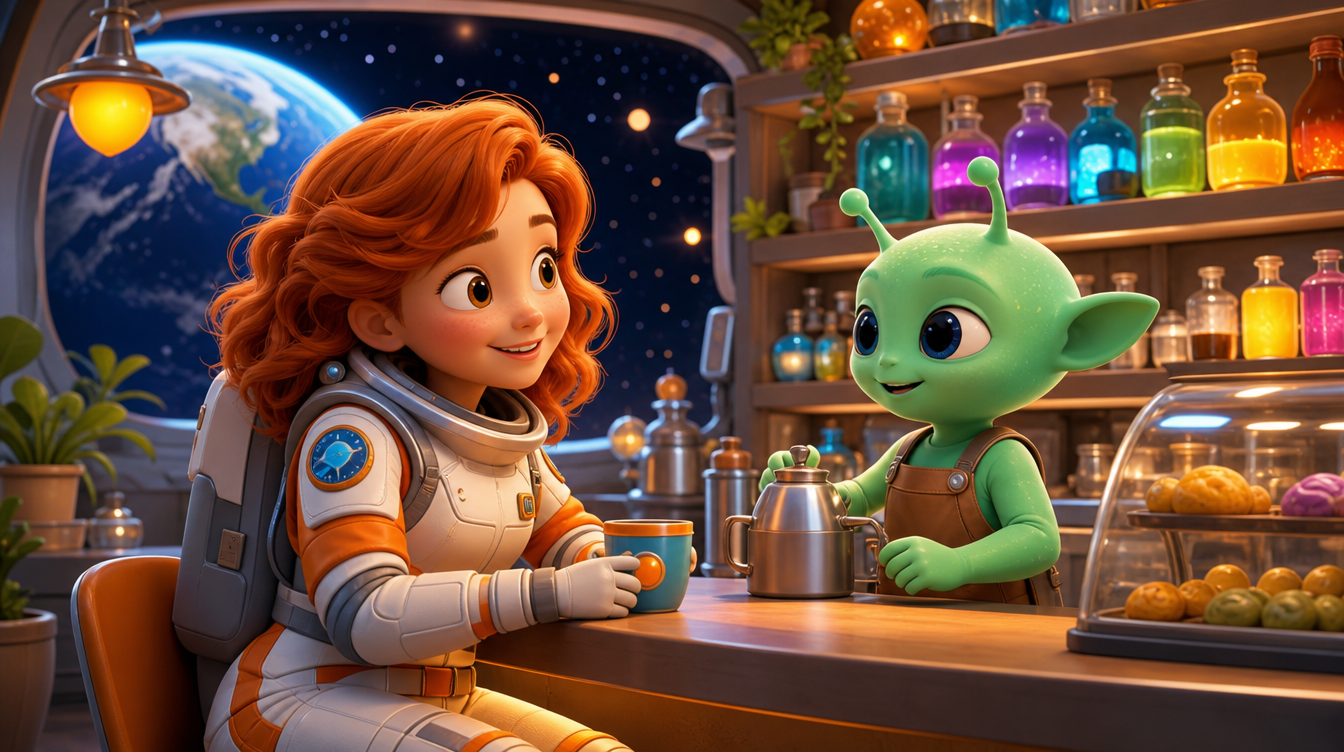 Galaxia's astronaut mascot chatting with an alien barista in a cozy space cafe