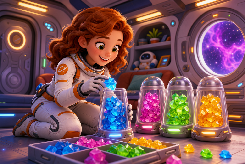 Astronaut girl sorting glowing crystals aboard a spaceship