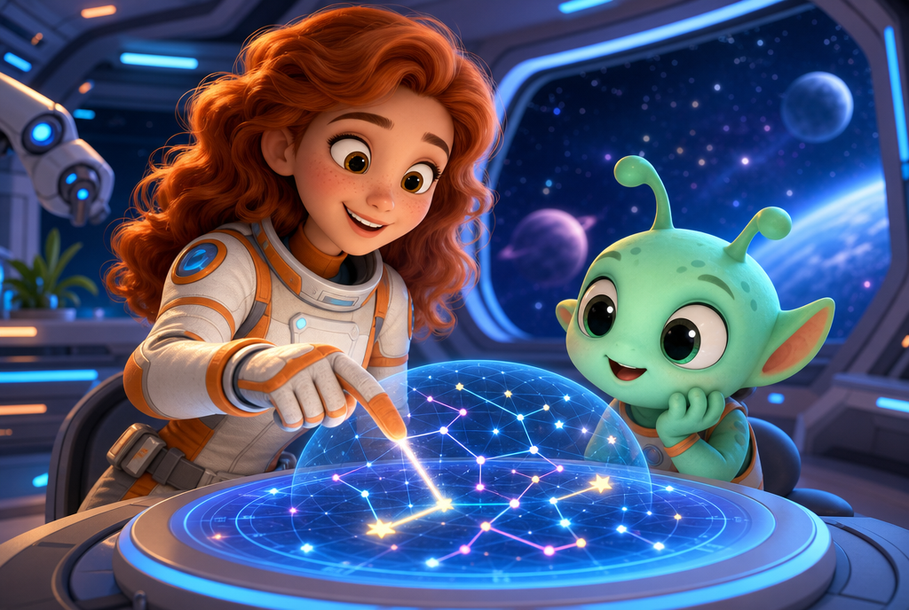Astronaut girl and alien friend solving a holographic star-map puzzle