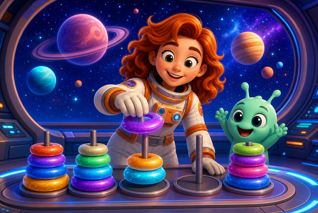 Astronaut girl stacking colorful planet rings on a space station